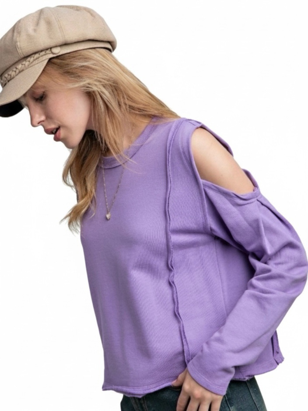 EASEL Lavender Cold-Shoulder Lightweight Pullover in Terry Knit